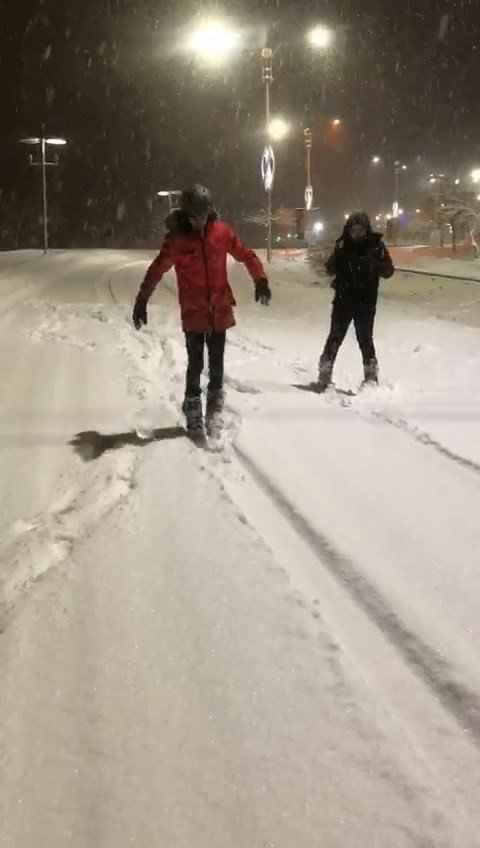 3 kafadar kayak takımlarını alıp caddeleri kayakla gezdi